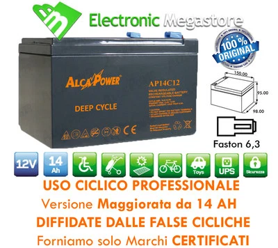 ALCAPOWER-EXTRACELL BATTERIA 12V 14AH PIOMBO GEL CICLICA AGM BICICLETTE 12A AGM CARROZZINA AMPERE