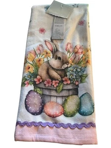 New Shabby Chic Easter Spring Set Of 2 Kitchen Towels Tulips Bunny - Picture 1 of 2