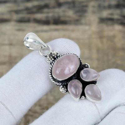 Naturale Quarzo Rosa Gemma 925 Argento Sterling Fatto a Mano Ciondolo Gioielli - Immagine 1 di 4