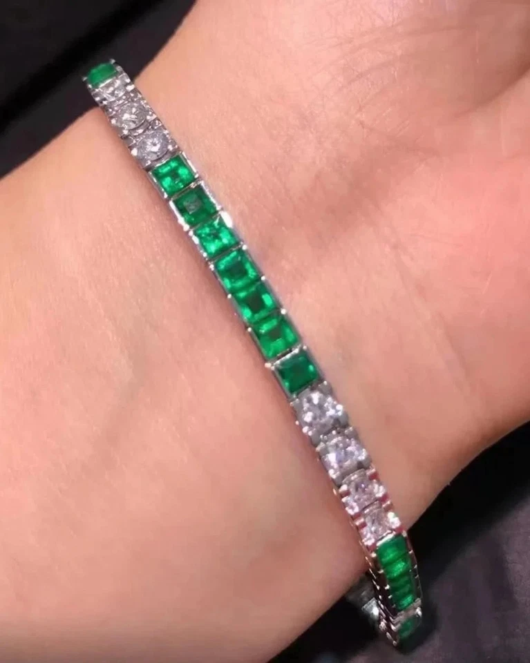 Brazalete Tenis Diamante Esmeralda Natural Corte Princesa 12.00Ct Oro Blanco Real 14K Foto 1 de 4