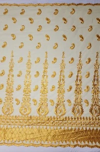 Embroidered Golden Yellow Tulle Lace Fabric w/ Yellow Pearls 10ftx53" 3.33 yards - Picture 1 of 14