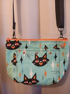 Neu Halloween Thema schwarze Katze Umhängetasche Handtasche Sling Bag mint blau grün schwarz - Bild 1 von 11