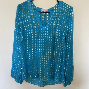 Lilly Pulitzer Blue Top Long Sleeve Silk Chiffon Gold Metallic Pattern Sz Small - Picture 1 of 11