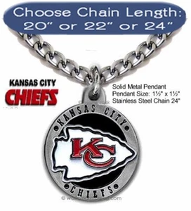 LARGE NFL Kansas CHIEFS NECKLACE CHOOSE LENGTH 20" 22" 24" Stainless-Steel Chain - Picture 1 of 17