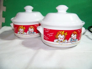 Vintage (2) 1998 Campbell Kids Ceramic Soup Bowls w/ Lids Red/White-Ex Condtion - Picture 1 of 5