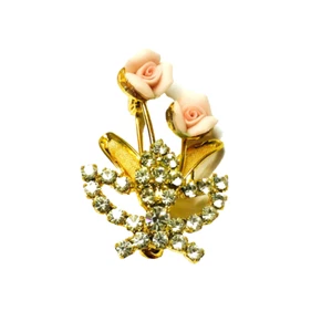 Flower Brooch Pin Gold Plated Rhinestones & Pink Roses Mothers Day Gift - Picture 1 of 1