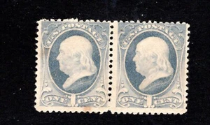 US 1873 Sc #156 1c ultramarine horizontal pair, OG MNH faults - Picture 1 of 2