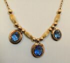 Vintage Hayward 1/20 12kt GF Gold Filled 3 Oval Blue Glass Pendant Necklace 16”