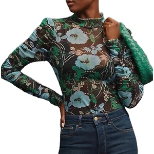 Top Maeve By Anthropologie Talla XS Estampado Floral Manga Acanalada Malla Transparente Negro - Imagen 1 de 14