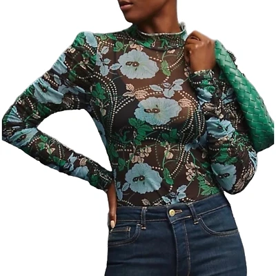 Top Maeve By Anthropologie Talla XS Estampado Floral Manga Acanalada Malla Transparente Negro Foto 1 de 4