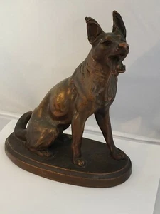 ANTIQUE BRONZE CLAD GERMAN SHEPHERD GUARD DOG STATUE SCULPTURE DOORSTOP - Picture 1 of 10