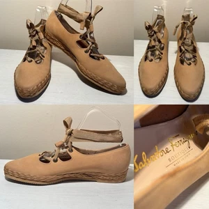 SALVATORE FERRAGAMO BOUTIQUE Tan Suede TIE FRONT Flats Sandals UK 5 US 7.5B Arty - Picture 1 of 20