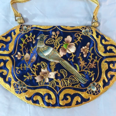 Vintage CHINESE GOLD THREAD EMBROIDERY Purse Handbag Bag BIRD BLUE GREEN FLOWERS - Image 1 of 4