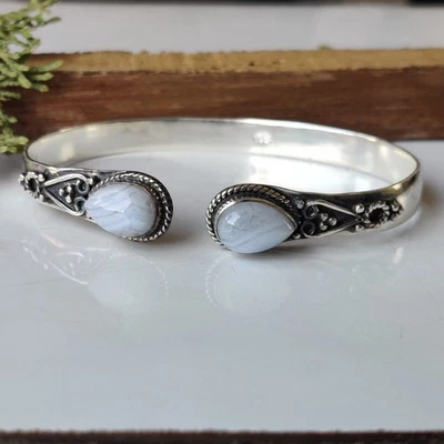 Brazalete de piedras preciosas de ágata de encaje azul de plata de ley 925 estilo único PG7813 Foto 1 de 4