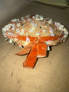 Vintage Orange Velvet & Wicker Shell Beaded Hat Good Condition - Picture 1 of 2