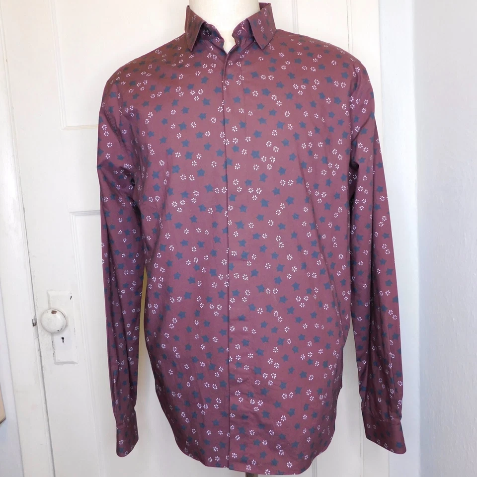 Valentino Mens Sz 16 1/2 42 Button Up Dress Shirt Burgundy Star Print - Image 1 of 4