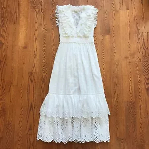 Maxi abito donna Ulla Johnson Demna 4 bianco scollo a V increspato occhiello pizzo volant - Foto 1 di 12