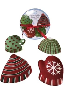Boston WareHouse Mittens & Hat Winter Salad Dessert Plates Set of 4 Red green - Picture 1 of 5