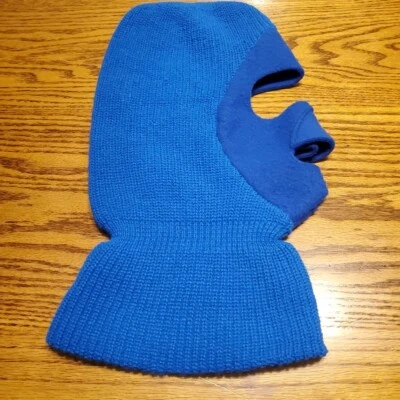 Vintage Balaclava Ski Full Face Mask Hat Blue Fleece Knit Made in USA Hunt - Image 1 of 4