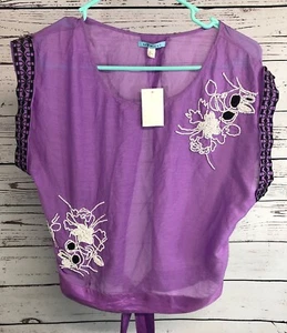 Anthropologie LEIFNOTES NEW Purple Beaded Top Blouse Shirt 0 S Tie Open Back - Picture 1 of 6