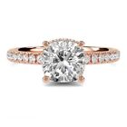 14K Rose Gold Plated Cushion Cut Moissanite Hidden Halo Pave 925 Silver Ring