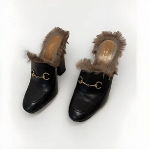 Gucci Black Princetown pelliccia pelle tacco Malaga mulo slide taglia EU 39 US 9 - Foto 1 di 11