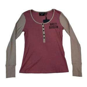 Neu mit Etikett Harley Davidson Bar & Shield zeitloses Henley-Damentop Gr. S Farbblock LS - Bild 1 von 12