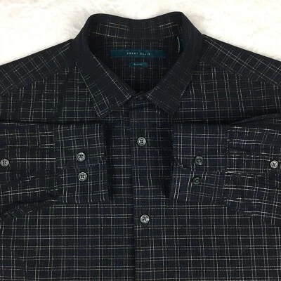 Camisa de vestir Perry Ellis para hombre mediana negra metálica plateada a cuadros calce ajustado Foto 1 de 4