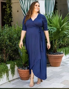 Maxi abito avvolgente Kiyonna donna blu navy manica 3/4 prato sogno nuovo con etichette PLUS 2X - Foto 1 di 13