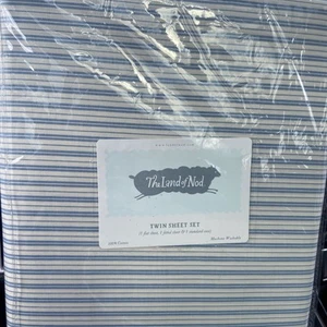 Crate & Barrel/Land of Nod Blue White Stripes Twin Sheet Set Organic Cotton New - Picture 1 of 6