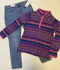 Oshkosh Lot Skinny Jeans Adj Waist NWT & 1/4 Zip Fleece Top Back To School Sz 7 - Picture 1 of 13