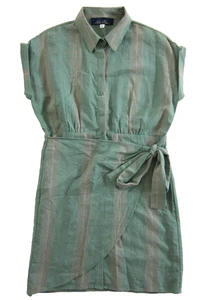 Blue Rain Green Cap Sleeve Collared Button Down Shirt Wrap Dress Medium - Picture 1 of 5