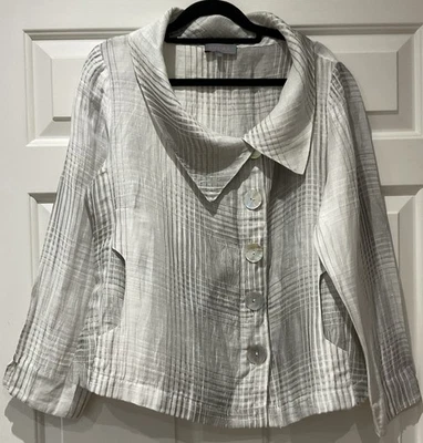 Sahara Silver Grey & White Linen Blend Elegant Striped Jacket Top Size Small - Image 1 of 4