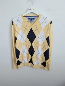 Tommy Hilfiger Jumper Mens Size L Yellow Check Golf Preppy Sweater v Neck - Picture 1 of 10