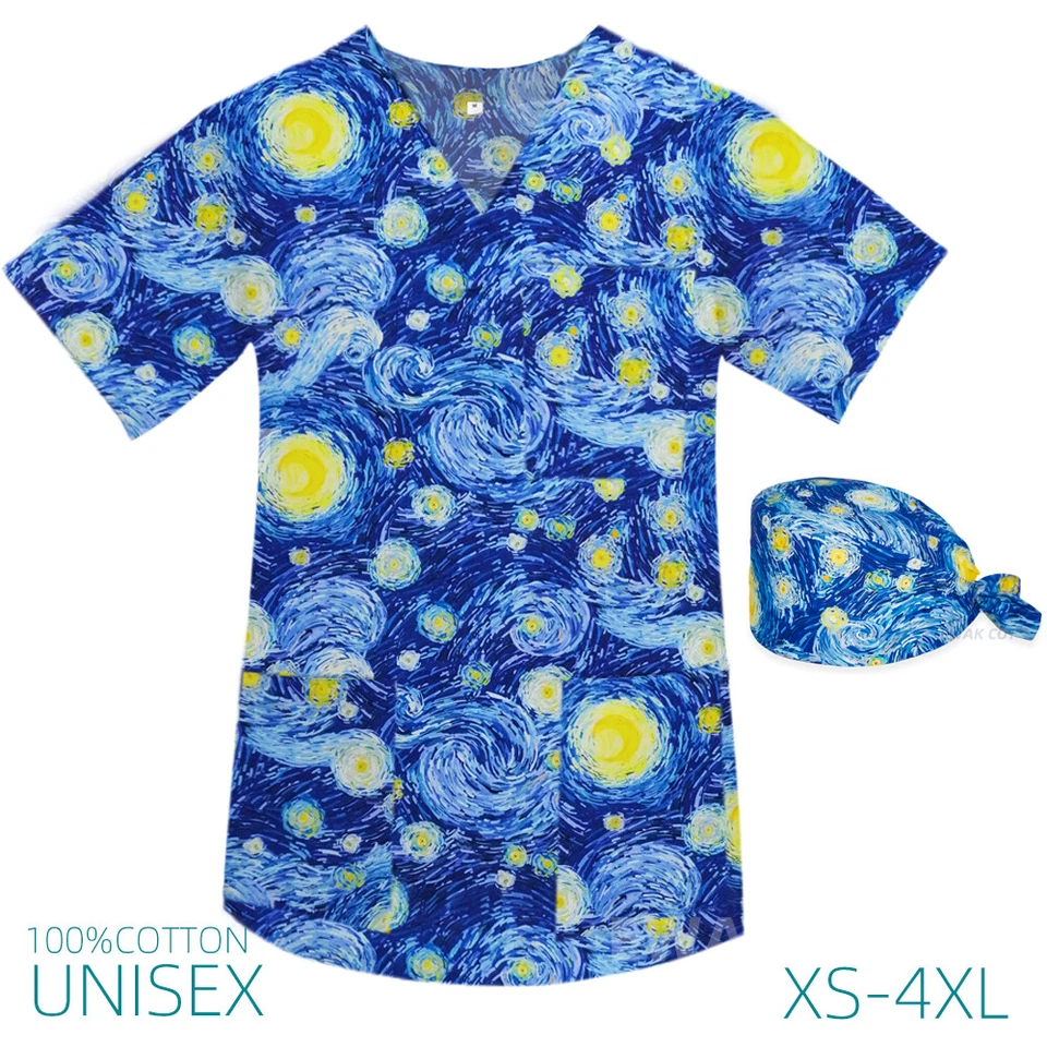 Van Gogh Scrub Uniform 100% cotton breathable scrubs medical Top women men - Image 1 of 1