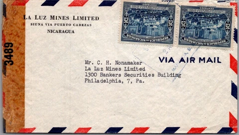 SCHALLSTAMPS NICARAGUA 1940-45 POSTAL HISTORY WWII CENSORED AIRMAIL COVER ADDR Cover