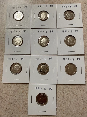 1990 to 1999 S Proof Clad Roosevelt Dime Set of 10 coins Cover