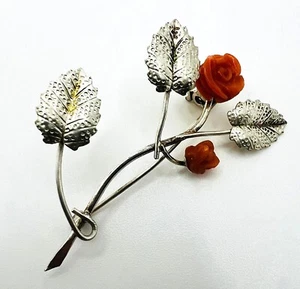 Antike 800er Silber Brosche Korallenrosen Jugendstil Antique 800 silver brooch - Bild 1 von 5