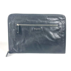 BVLGARI bag pouch logo Zip Around Clutch bag Leather Black - Picture 1 of 18