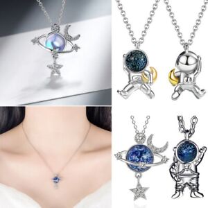 925 Silver Plated Star Moon Planet Astronauts Zircon Pendant Necklace Women Gift