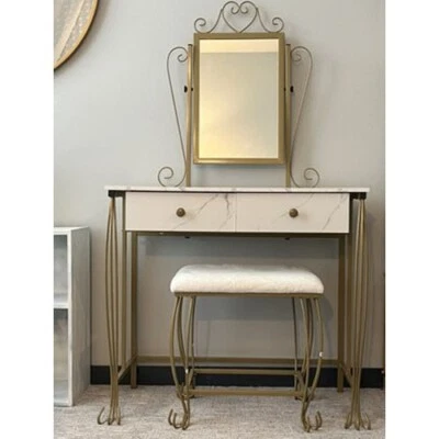 Tocador de maquillaje blanco con espejo taburete cajones de almacenamiento pequeño juego de mesa de tocador Foto 1 de 4