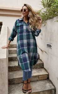 UANEO Womens Casual Plaid Button Down Long Puff Sleeve Long Trench Coats Shacket - Picture 1 of 5