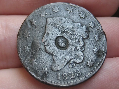 1823 Matron Head Large Cent Penny- Normal Date, Counterstamped O Cover