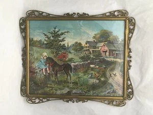 Antique Chromolithograph w Metal Frame Little Girl w Pony, Chickens 20" by 16" - Picture 1 of 12
