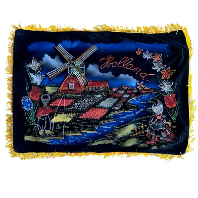 Holland Tulips Painted Velvet Windmill Vintage Pillow Cover Black Fringed - Image 1 of 4