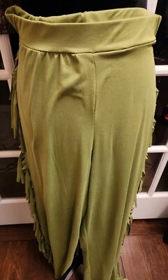 2x Green Fringe Elastic Waist Stretch Wide Leg Pants - Image 1 of 4