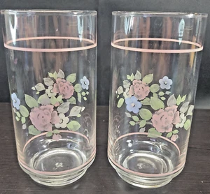 2 Pfaltzgraff Tea Rose Tumblers Set Floral Libbey Pink Blue Flowers Glasses Lot - Picture 1 of 7
