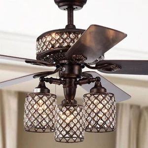 Pristil 5-Blade 52-Inch Rustic Bronze Lighted Ceiling Fans w Crystal Grid Shade - Picture 1 of 6