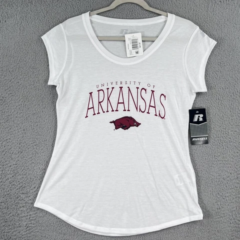 NEW! Arkansas Razorbacks Shirt WOMENS Small 4-6 White Russell Athletic Ladies Cover