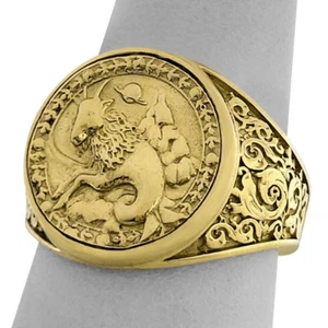 Real 10K Yellow Gold Capricorn Ring, Zodiac Sign Mens Gold Coin Astrology Ring - Picture 1 of 7